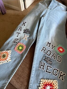Light Blue Straight-Leg Jeans with Crochet Patchwork and Lettering